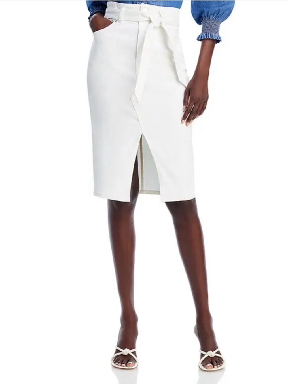 Veronica Beard Nazia White Denim Tie-Waist Pencil Skirt with Front Slit